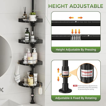360° Rotating Shower Caddy Tension Pole, 4-Tier Corner Shower Organizer with Adjustable Shelves & Hooks, Rustproof Metal Pole, No Drilling Bathroom Storage Rack for Bathtub, 34-124”(Black)