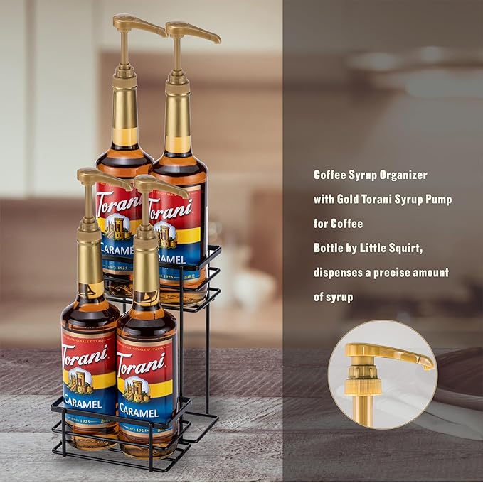 Coffee Syrup Organizer, 4 Bottle Capacity Syrup Stand, 2 Tier Syrup Rack for Coffee Bar Accessories with 4 Coffee Syrup Pump, Syrup Holder for Kitchen, Storage for Syrup, Wine, Dressing（Black）