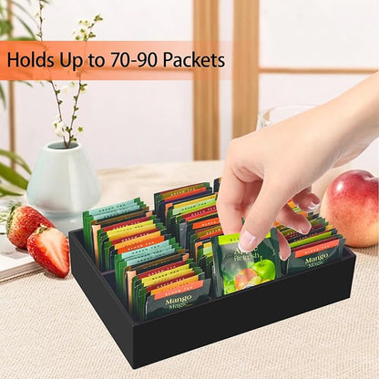 Tasybox Tea Bag Organizer, Black Acrylic Tea Bag Holder with 6 Slot, Tea Packet Storage for Drawer, Pantry, Kitchen, Cabinet, Countertop