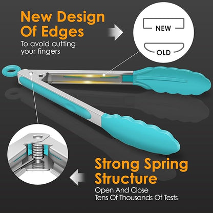 HOTEC Premium Stainless Steel Locking Kitchen Tongs with Silicon Tips, Set of 2-9" and 12", Blue