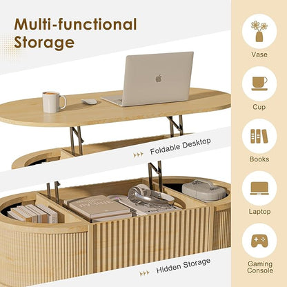 LYNCOHOME Fluted Lift Top Coffee Table with Storage,Modern Oval Coffee Table for Living Room Or Home Office（Natural）
