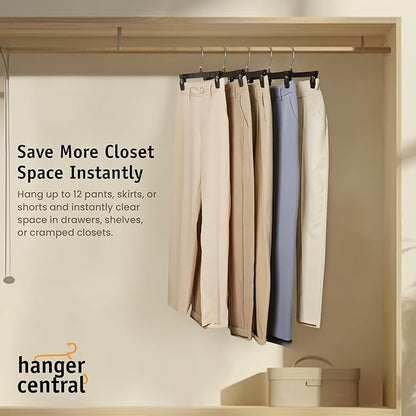 12 Inch 12 Pack Pants Hangers, Slim Plastic Clothes Hangers with Clips for Skirts, Pants, Shorts, Space Saving Heavy Duty Closet Organizer with Non Slip Grip & Swivel Hook – Black