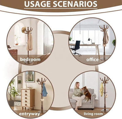 Solid Wooden Coat Rack Stand, Coat Racks Freestanding with 14 Hooks, Natural Birch Wood Coat stands with Sturdy Round Base, Tree Coat Hanger Standing for Entryway Bedroom Office (Walnut disc)