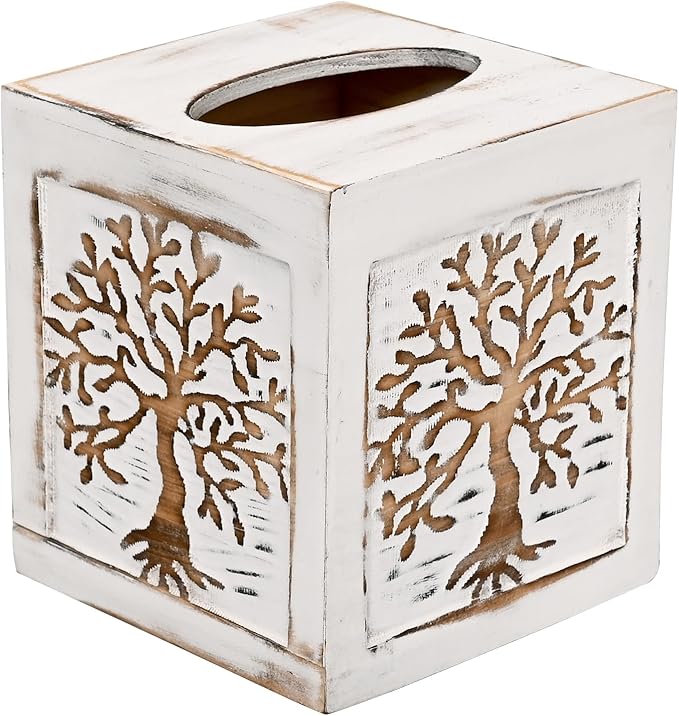 SwallowLiving Wooden Tissue Box Cover Square - Weighted Farmhouse Facial Tissue Holder with Sliding Bottom - Distressed White Tree of Life Dispenser for Bathroom Vanity, Bedroom & Living Room Decor