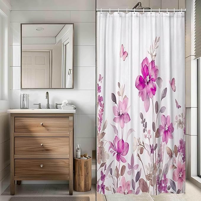 Pink Floral Shower Curtain, Pink Lavender Floral Butterfly Boho Shower Curtains for Bathroom, Farmhous Flower Cute Fabric Shower Curtain Set with 12PCS Hooks, 70X85IN