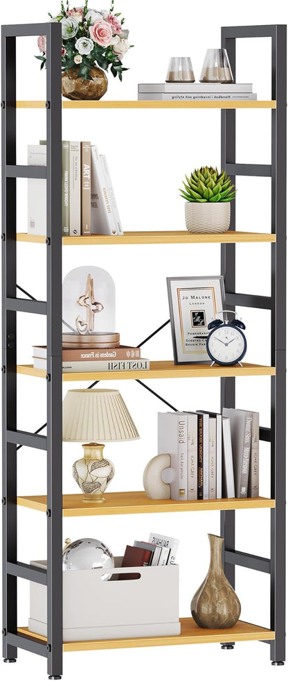 DUMOS 5-Tier Bookshelf, Modern Tall Bookcase, Open Storage Display Shelf for Living Room, Bedroom, Home Office, Narrow Standing Shelving Unit for Books, CDs, Décor，Wood