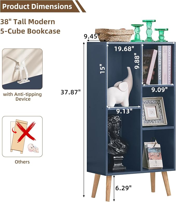 LEYAOYAO 5 Cube Bookshelf 3-Tier Bookcase with Legs,Mint Dark Blue Kids Book Shelf Cute Storage Organizer,Free Standing Open Toy Shelves Wood Bookshelves,Display Bookcases for Bedroom,Living Room