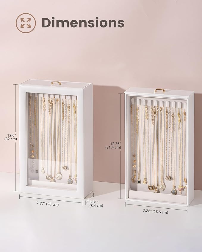 Lolalet Upgraded Double-Sided Hanging Necklace Organizer Box, Jewelry Display Case with Double-Sided Clear Window for Necklaces Bracelets, Tangle-Free Necklace Storage Box, White, 1-Layer 20 Hooks