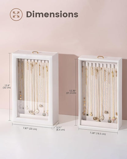 Lolalet Upgraded Double-Sided Hanging Necklace Organizer Box, Jewelry Display Case with Double-Sided Clear Window for Necklaces Bracelets, Tangle-Free Necklace Storage Box, White, 1-Layer 20 Hooks