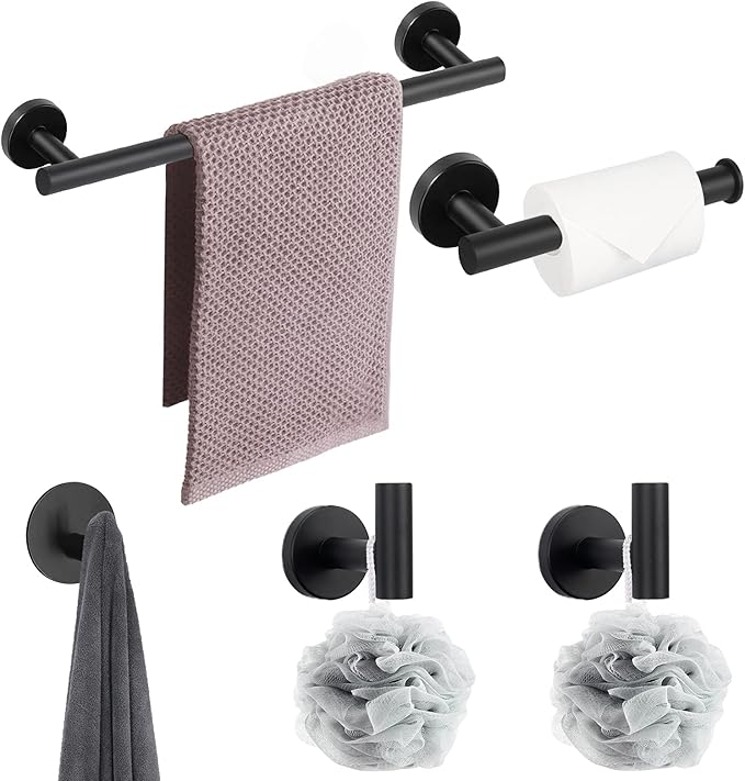 NearMoon Bathroom Hardware Set SUS 304 Thicken Stainless Steel-Towel Bar Set Include 16" Towel Rod, Toilet Paper Holder, Multifunctional Hooks Bathroom Accessories (Matte Black, 5 Pcs)