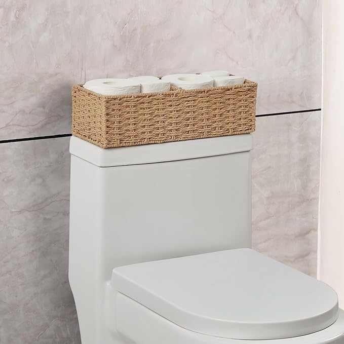 Vagusicc Set of 2 Wicker Storage Basket for for Shelves, Baskets for Organizing, Toilet Paper Basket for Toilet Tank Top, 2-Section, Natural