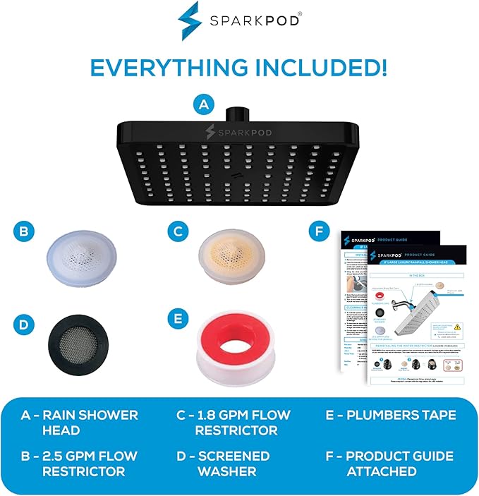 SparkPod Rain Shower Head, 8 Inch Square | High Pressure Shower Heads, 90 Nozzle (Touch-to-Clean), Adjustable Showerhead, No-tool Universal Connection