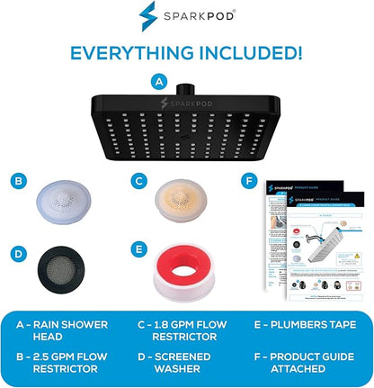 SparkPod Rain Shower Head, 8 Inch Square | High Pressure Shower Heads, 90 Nozzle (Touch-to-Clean), Adjustable Showerhead, No-tool Universal Connection