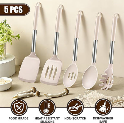5Pcs Silicone Cooking Utensils Set, Heat Resistant Kitchen Tools Include Solid&Slotted Spatula, Cooking Spoon and Pasta Server, Silicone Kitchen Utensils set for Nonstick Cookware Flipping, Khaki
