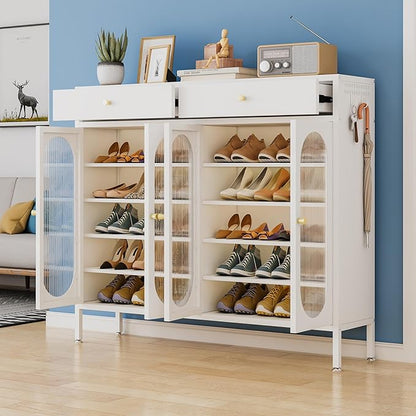 Large Shoe Storage Cabinet with 2 Drawers,7-Tier Shoe Cabinet with Adjustable Shelves and Metal Legs，46.1'' H Steel Shoes Rack Organizer Cabinet for Entryway, Hallway, Living Room