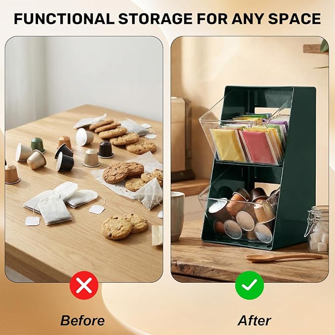 2 Pack Large Coffee Pod Holder, Coffee Station Counter Container Stackable Pantry Storage Organizer Bins, Creamer Suger Plastic Accessories Organizer for Office Home Kitchen Supplies(Green)