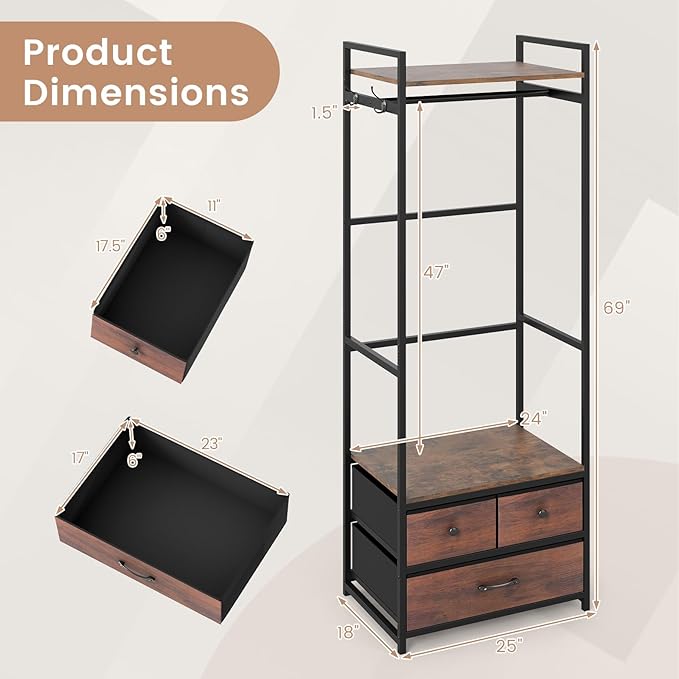 Giantex Clothes Rack with Drawers, Heavy Duty Clothing Garment Rack with Side Hooks and Metal Frame, Industrial Freestanding Clothes Storage Organizer for Entryway, Living Room, Bedroom