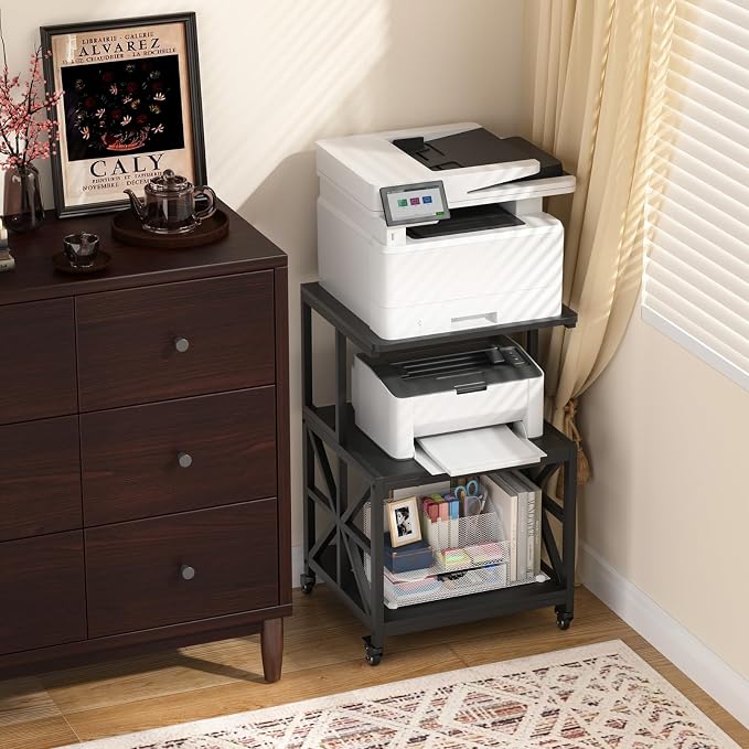 GreenForest Printer Stand with Lockable Wheels, Heavy Duty Printer Table | 3-Tier Storage Shelf, Fit 2-3 Printers/3d/Heat Press/Laser, Rolling Cart for Home Office, Small Spaces, 19.7"x17.7", Black