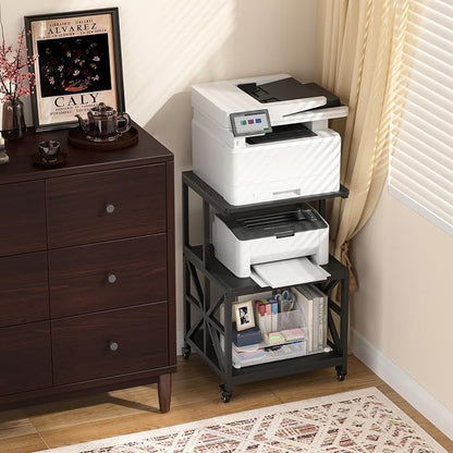 GreenForest Printer Stand with Lockable Wheels, Heavy Duty Printer Table | 3-Tier Storage Shelf, Fit 2-3 Printers/3d/Heat Press/Laser, Rolling Cart for Home Office, Small Spaces, 19.7"x17.7", Black
