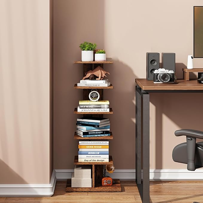 TUTOTAK Narrow Bookshelf, 6-Tier Bookcase, Spine Book Shelf for Small Space, Corner Standing Shelf for Living Room, Office, Study, Entryway, Rustic Brown BS06BB016