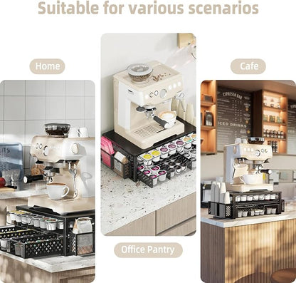 Ekisemio K Cup Organizer, Coffee Pod Holder for Counter with 2 Tier Sliding Storage Drawer & Hanging Baskets, Holds 63 Large or 80 Small Capsules for Coffee Bar, Black