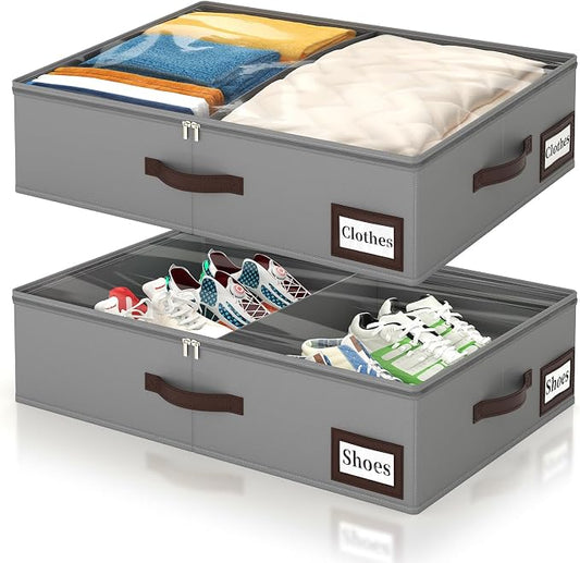 OIAHOMY 2 Pack 38L Under Bed Storage with Adjustable Dividers, 6" Low Profile Underbed Storage Bins for Comforters & Clothes, Save Closet Space with Clear View Lid & Reinforced Handles, Grey