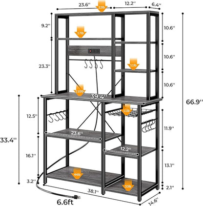 SUPERJARE Large Bakers Rack with Power Outlets, 6-Tier Microwave Stand, Coffee Bar with 12 S-Shaped Hooks, Kitchen Shelf with Wire Basket, 39.4 x 14.6 x 66.9 Inches, Charcoal Gray