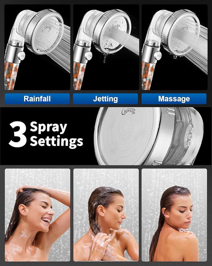 Filtered Shower Head for Hard Water with Stop, High Pressure 4-Mode Shower Heads Built-in Power Spray to Clean Corner, Tub & Pets, Water Softener Handheld Shower to Remove Chlorine & Fluoride