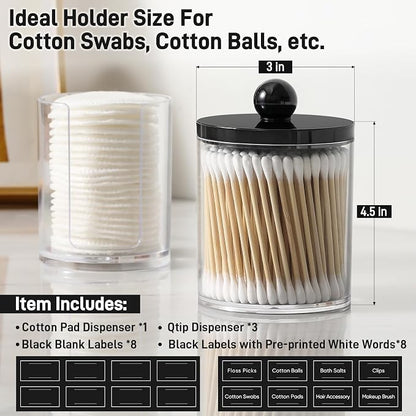 4 Pcs, Acrylic Qtip Holder Dispenser for Cotton Swab, Ball, Round Pads, Floss Picks - Plastic Apothecary Jar Set, Bathroom Canister Decor Storage Accessories, Vanity Makeup Organizer - Clear & Black