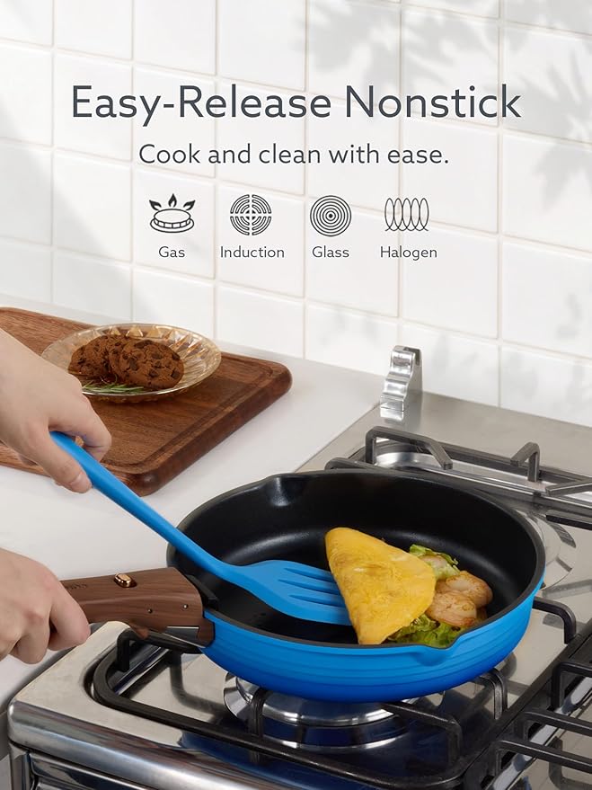 CAROTE 20Pcs Titanium Cookware Set, Pots and Pans Set Non Stick, Kitchen Cooking Set with Detachable Handle, Non Toxic Induction Cookware - Camping Cookware, Dishwasher/Oven Safe, Blue