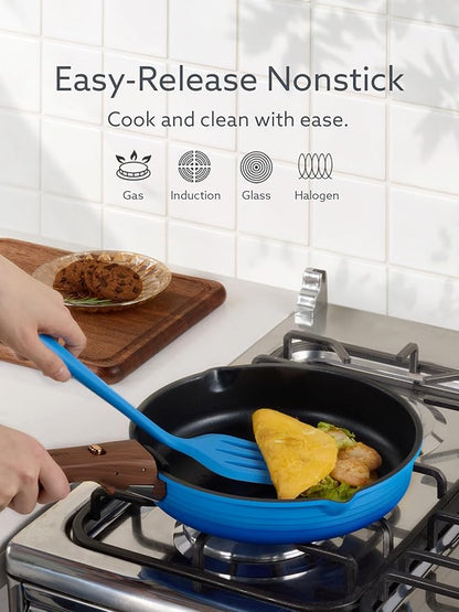 CAROTE 20Pcs Titanium Cookware Set, Pots and Pans Set Non Stick, Kitchen Cooking Set with Detachable Handle, Non Toxic Induction Cookware - Camping Cookware, Dishwasher/Oven Safe, Blue