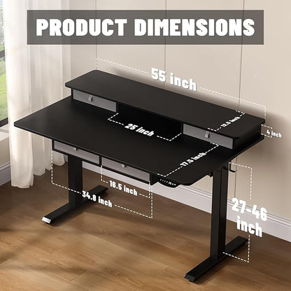55 * 30 Inches Electric Standing Widened Desk Adjustable Height with 4 Drawers, Double Storage Shelves Stand Up Desk, Home Office Workstation Sit Stand up Desk (Classical Black)