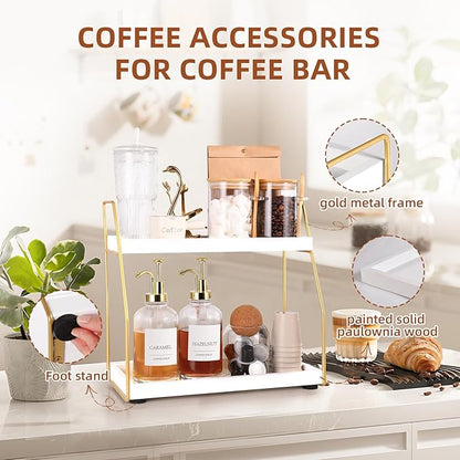 DWTS Coffee Bar Accessories,Coffee Station Organizer with Multi-Functional,CoffeeBar Decor for Accessories,2 Tier Wooden Shelf Gold Metal Station Organizer for Countertop,Syrup