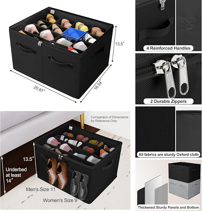 TOPIA HOME Shoe Organizer for Closet, Foldable Shoe Box with Adjustable Dividers and Clear Cover, Space Saving Shoe Storage Organizer Cabinet with Reinforced Handles, Fits 16 Pairs, Black, TP09B