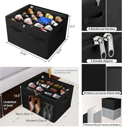 TOPIA HOME Shoe Organizer for Closet, Foldable Shoe Box with Adjustable Dividers and Clear Cover, Space Saving Shoe Storage Organizer Cabinet with Reinforced Handles, Fits 16 Pairs, Black, TP09B