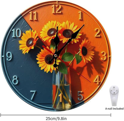 Wall Clock， Sunflower Modern Non Ticking Wall Clocks Battery Operated， Orange and Blue Wooden Wall Clocks for Kitchen， Living Room， Bedroom， Office， Bathroom Decorative 25 * 25cm