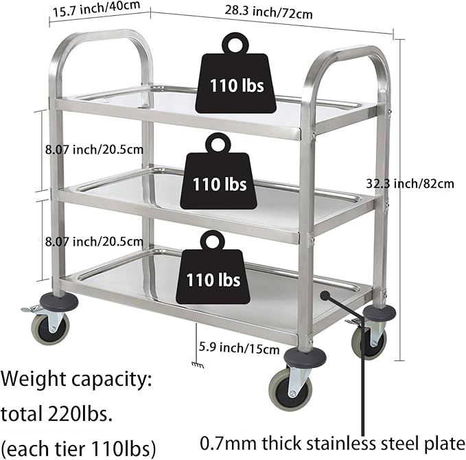 HLC Upgrade 3 Tier Heavy Duty Commercial Grade Utility Cart Kitchen Trolley Serving Cart with Wheels Stainless Steel Rolling Cart Storage Shelf for Hotel Restaurant Bar Home Use L30 x W16 x H33 Inch