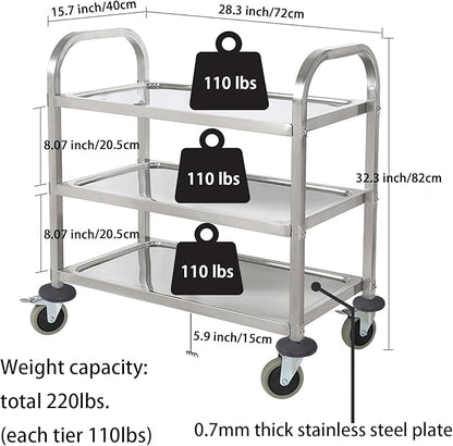 HLC Upgrade 3 Tier Heavy Duty Commercial Grade Utility Cart Kitchen Trolley Serving Cart with Wheels Stainless Steel Rolling Cart Storage Shelf for Hotel Restaurant Bar Home Use L30 x W16 x H33 Inch
