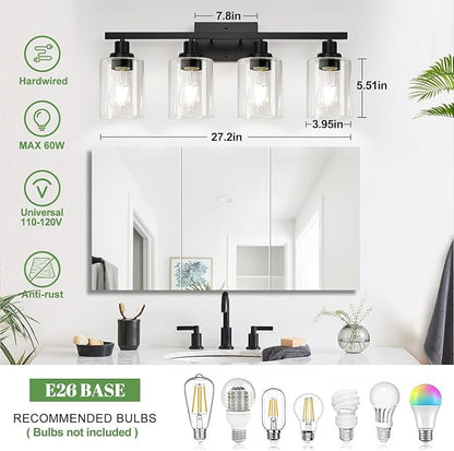 4-Light Bathroom Light Fixtures, Vanity Light with Clear Glass Shades, Matte Black Bathroom Light Fixtures Over Mirror, Modern Bathroom Wall Lamp for Mirror Living Room Cabinet Bedroom