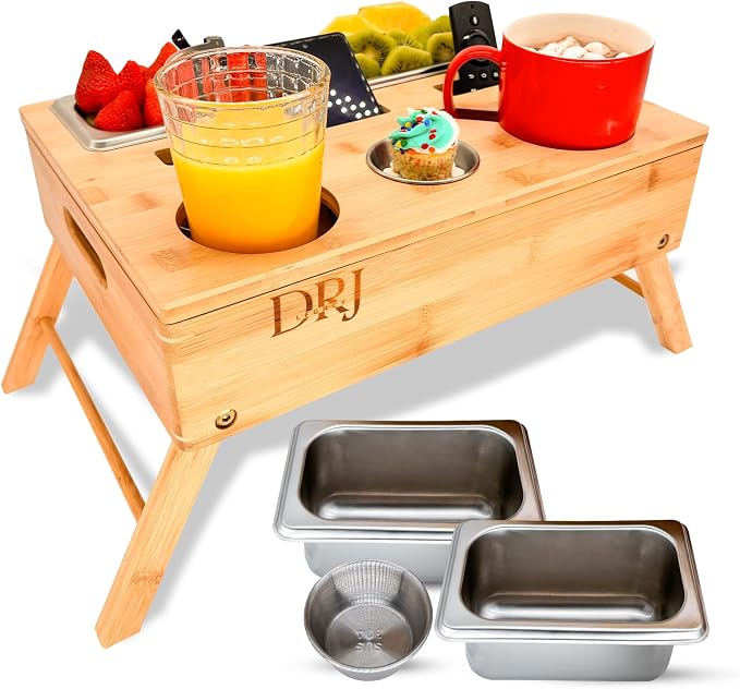 Couch Console - Caddy with Cup Holder and Food Trays for Eating on Couch