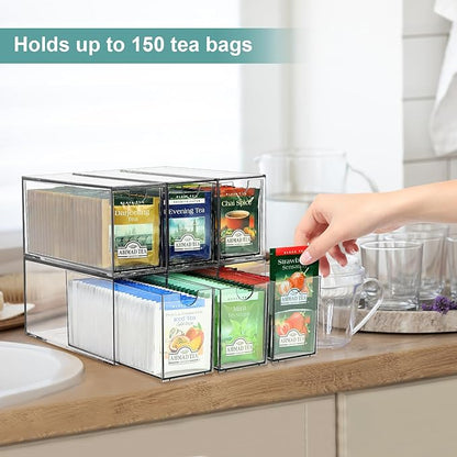 6 Tea Bag Organizer and Storage, Acrylic Tea Bag Holder Organizer, Plastic Tea Drawer Container for Cabinet