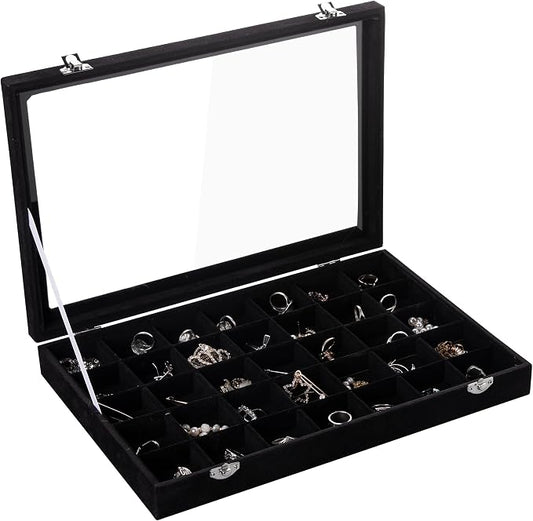Frebeauty Velvet Jewelry Tray,35 Grid Jewelry Organizer with Clear Lid,Earring Holder Organizer Case with Clasp,Drawer Insert for Rings Studs,13.8 x 9.5 x 2 Inches,Gift for Women Girls(Black)