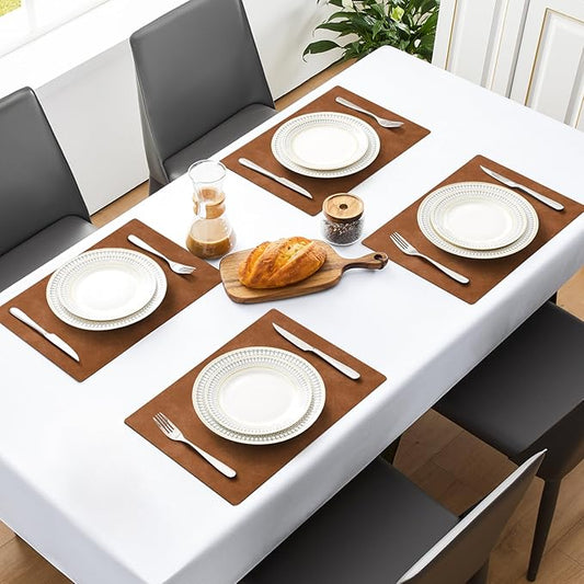 MOSAYT Vinyl Placemats Set of 4-12 X 17 Inch - Faux Leather 100% Waterproof Oil-Proof Wipeable PU Place Mats, Heat Resistant Reversible Table Mats for Kitchen, Dining, Outdoor (Reddish Brown)