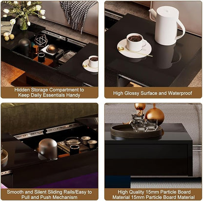 Black LED Coffee Table with Storage for Living Room, Living Room Table Rectangular Center Table, Modern High Glossy Wooden Coffee Tables for Dining Reception Room