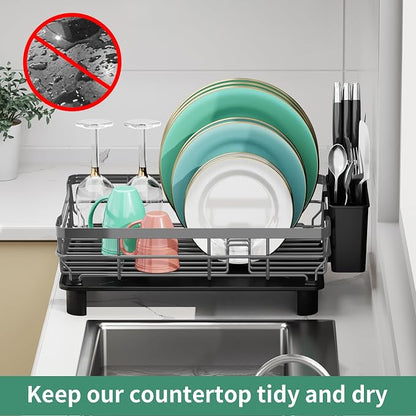 MOUKABAL Dish Drying Rack, Dish Rack, Stainless Steel Dish Racks for Kitchen Counter, Dish Drainer with Removable Utensil Holder, Drainboard (Grey,13''W x 17''L)