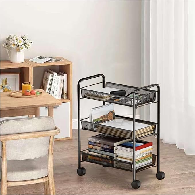 3 Tier Rolling Cart for Bathroom - Lightweight Metal Wire Storage Organizer with Wheels, Holds Toiletries & Cosmetics, Tool-Free Assembly, Black