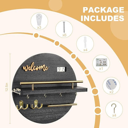 Key Holder for Wall, Key and Mail Holder Organizer with - Key Holder Wall Mount - Round Wooden Rustic Home Decor for Entryway, Mudroom, Hallway, Kitchen Office (Black)