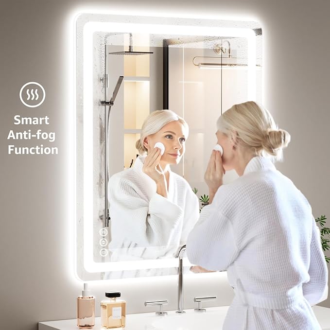 Led Bathroom Mirror with Lights, Anti-Fog & Tri-Color Lighting - Wall Mounted Shaving Mirror with Touch Sensor, Waterproof Smart LED Vanity Mirror Tempered Glass Dimmable 60" x 40"