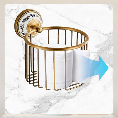 Vintage Wall-Mounted Toilet Paper Holder with Wire Basket Design, Antique Brass, Wall-Mounted Bath Hand Towel Holder with Ceramic Inlay, Vintage Style.
