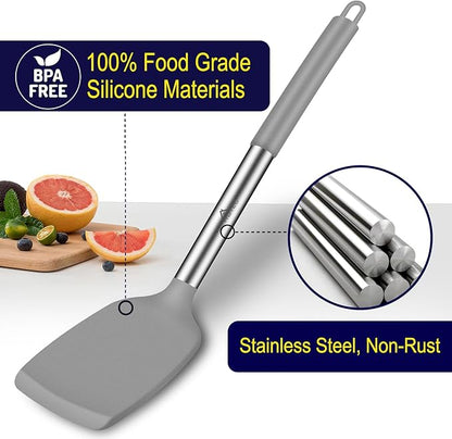 HOTEC Silicone Spatula Set of 2 Heat-Resistant 600°F & BPA-Free Kitchen SaptulaTurner with Stainless Steel Handles, Slotted & Solid Spatulas for Nonstick Cookware, 13.7 Inch, Grey